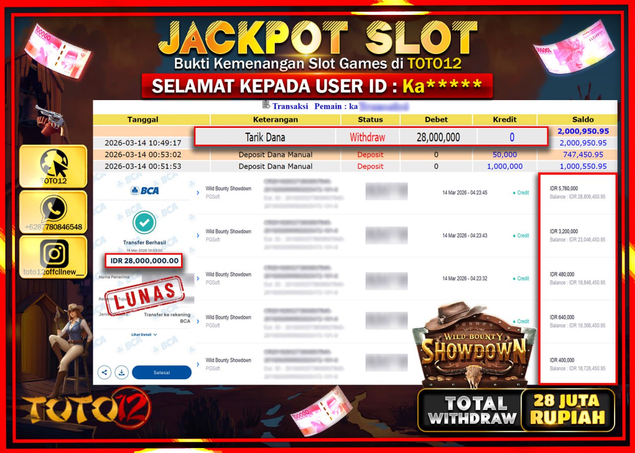 HANYA DI TOTO12 JP PASTI DI BAYAR LUNAS DAN CEPAT!!!!!! JACKPOT SLOT GAME (WILD BOUNTY SHOWDOWN) Rp.28.000.000!!!!