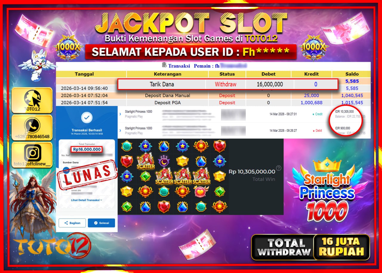 HANYA DI TOTO12 JP PASTI DI BAYAR LUNAS DAN CEPAT!!!!!! JACKPOT SLOT GAME (STARLIGHT PRINCESS 1000) Rp.16.000.000!!!!