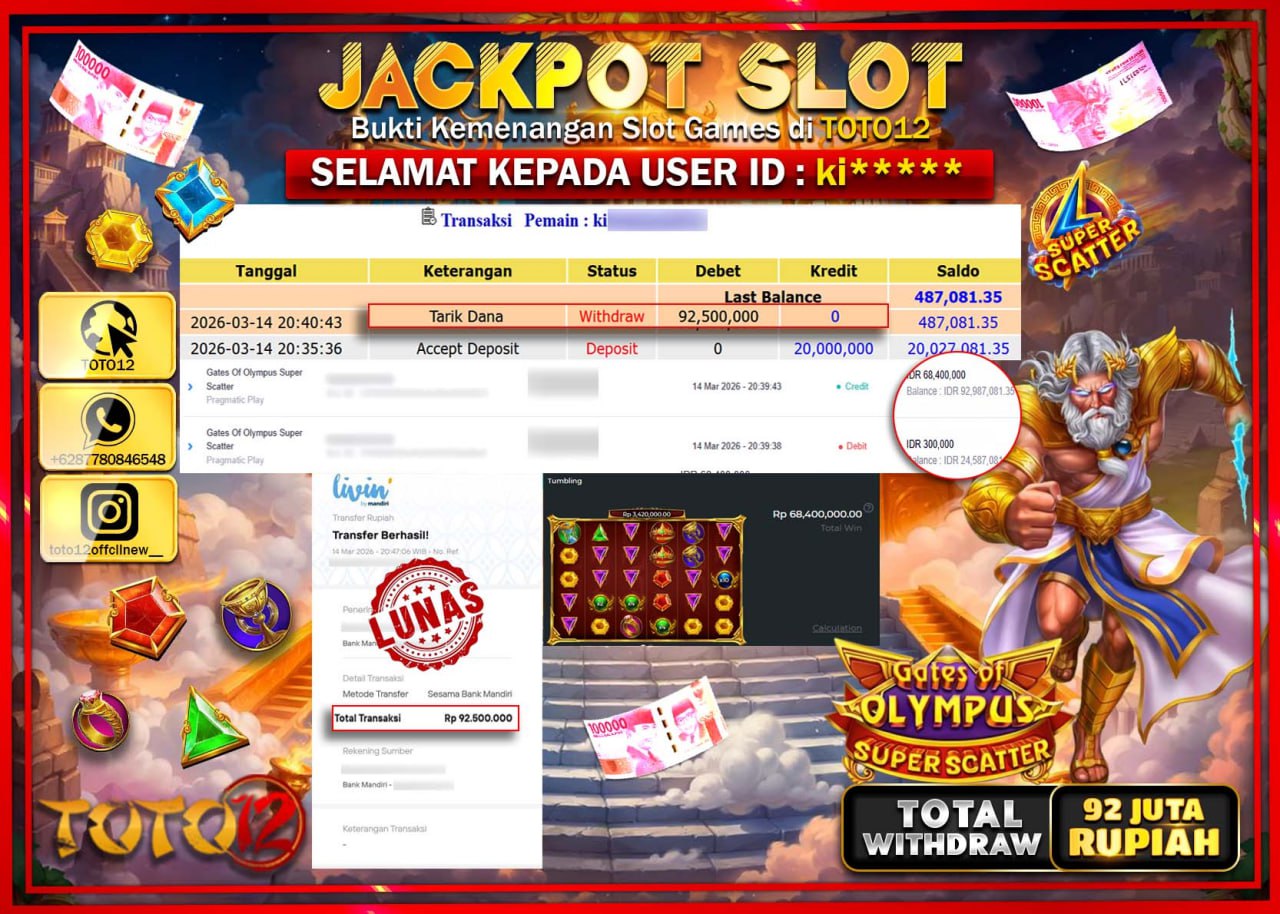 HANYA DI TOTO12 JP PASTI DI BAYAR LUNAS DAN CEPAT!!!!!! JACKPOT SLOT GAME (GATES OF OLYMPUS SUPER SCATTER) Rp.92.500.000!!!!