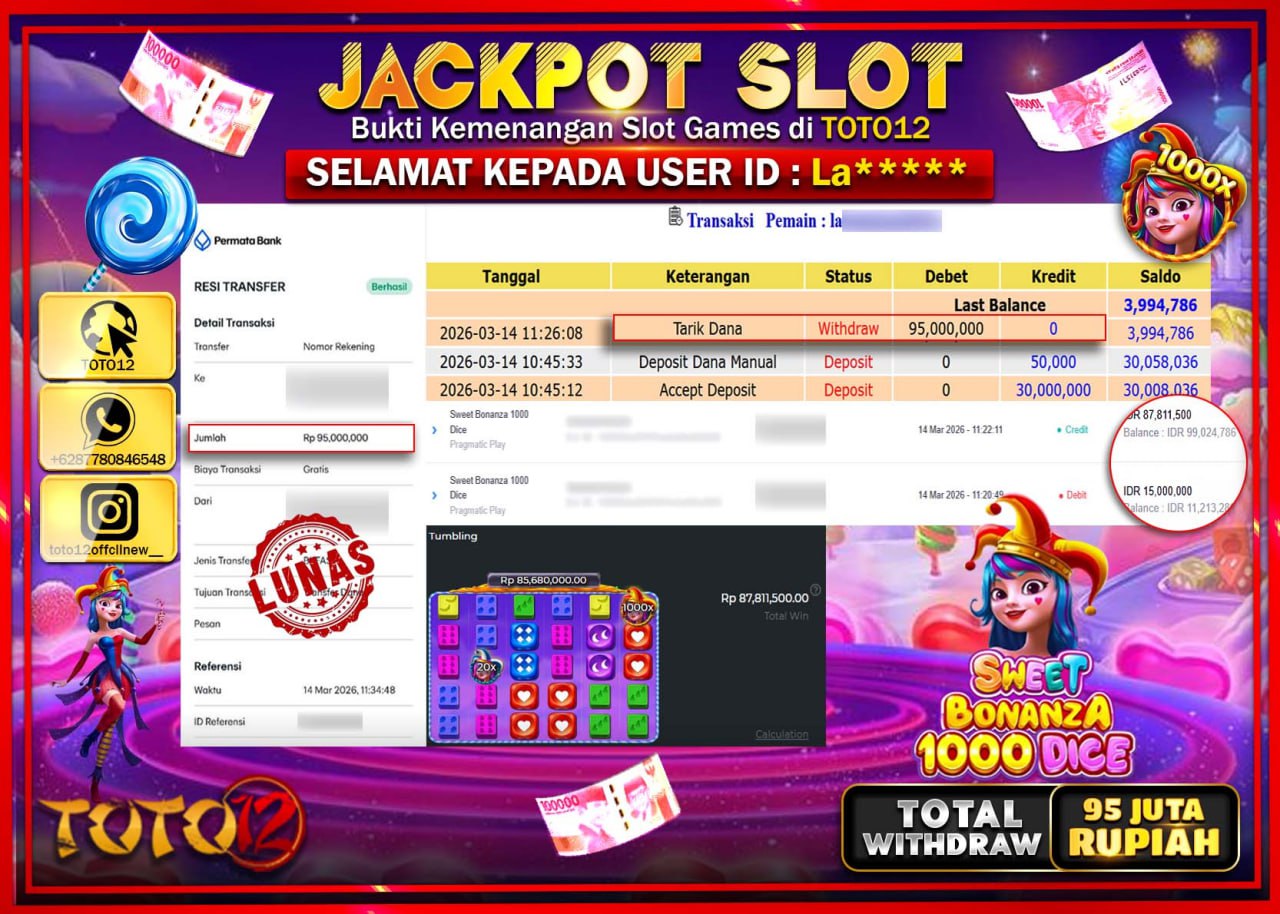 HANYA DI TOTO12 JP PASTI DI BAYAR LUNAS DAN CEPAT!!!!!! JACKPOT SLOT GAME (SWEET BONANZA 1000 DICE) Rp.95.000.000!!!!