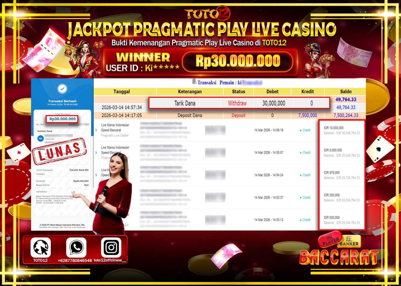HANYA DI TOTO12 JP PASTI DI BAYAR LUNAS DAN CEPAT!!!!!! JACKPOT PRAGMATIC PLAY LIVE GAME CASINO (LIVE MANIA INDONESIA SPEED BACCARAT) Rp.30.000.000!!!!