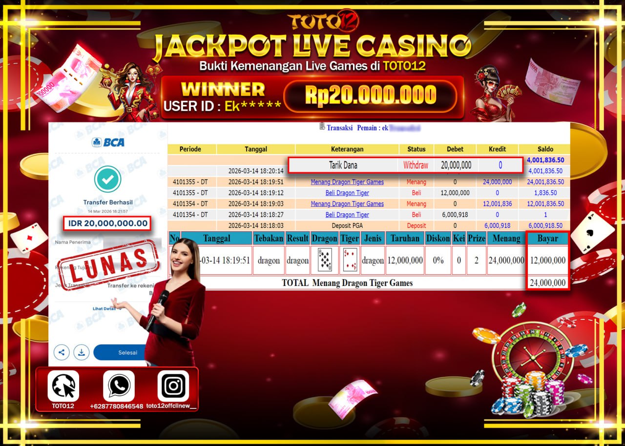 HANYA DI TOTO12 JP PASTI DI BAYAR LUNAS DAN CEPAT!!!!!! JACKPOT LIVE GAMES CASINO (DRAGON TIGER) Rp.20.000.000!!!!
