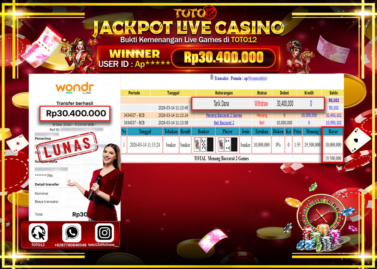 HANYA DI TOTO12 JP PASTI DI BAYAR LUNAS DAN CEPAT!!!!!! JACKPOT LIVE GAMES CASINO (BACCARAT 2) Rp.30.400.000!!!!