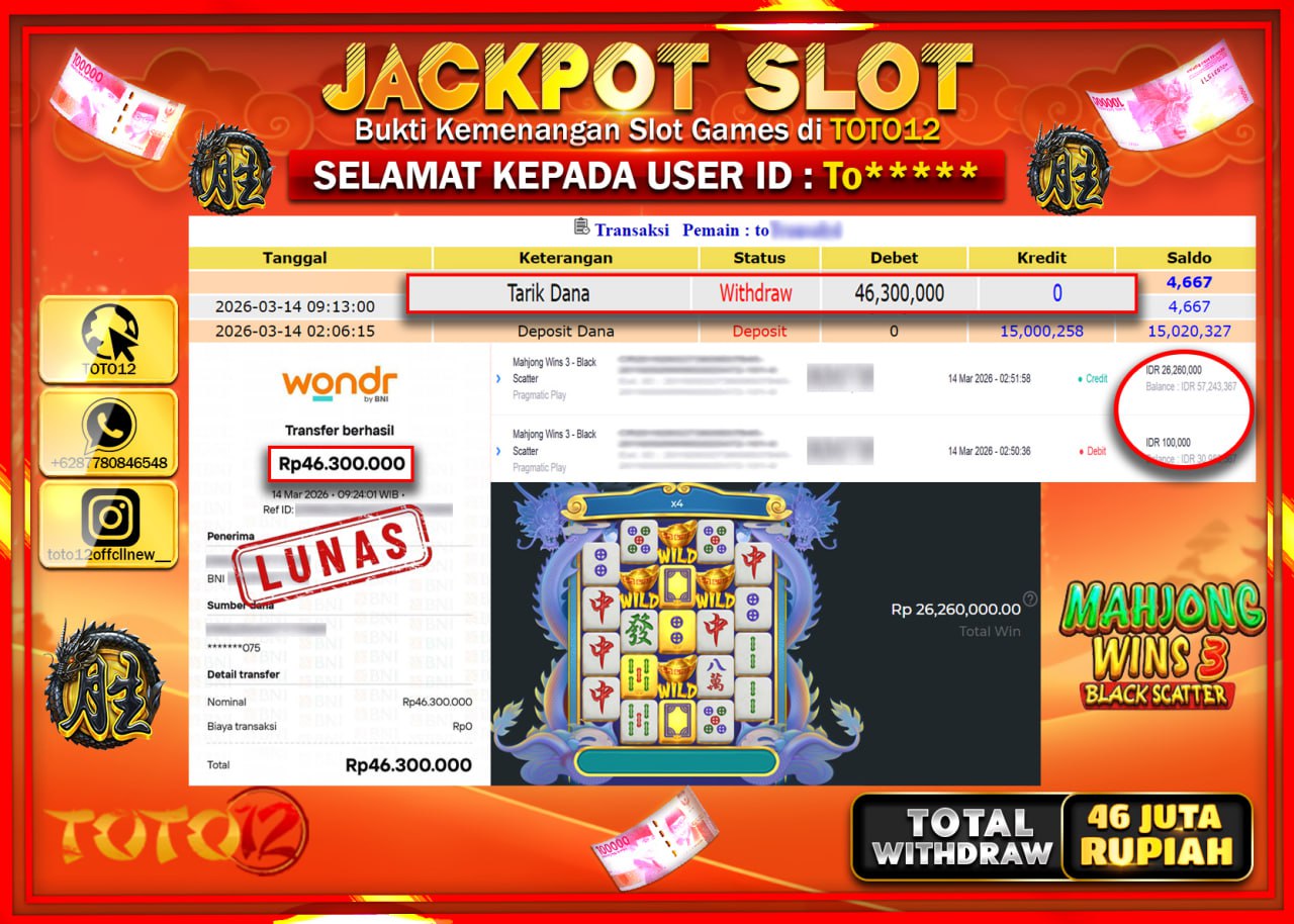 HANYA DI TOTO12 JP PASTI DI BAYAR LUNAS DAN CEPAT!!!!!! JACKPOT SLOT GAME (MAHJONG WINS 3 BLACK SCATTER) Rp.46.300.000!!!!