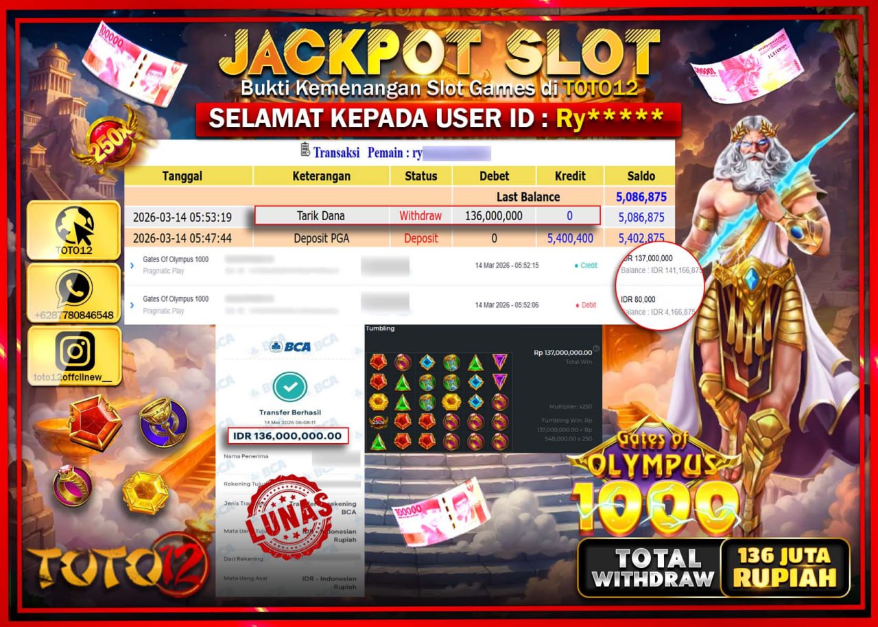 HANYA DI TOTO12 JP PASTI DI BAYAR LUNAS DAN CEPAT!!!!!! JACKPOT SLOT GAME (GATES OF OLYMPUS 1000) Rp.136.000.000!!!!