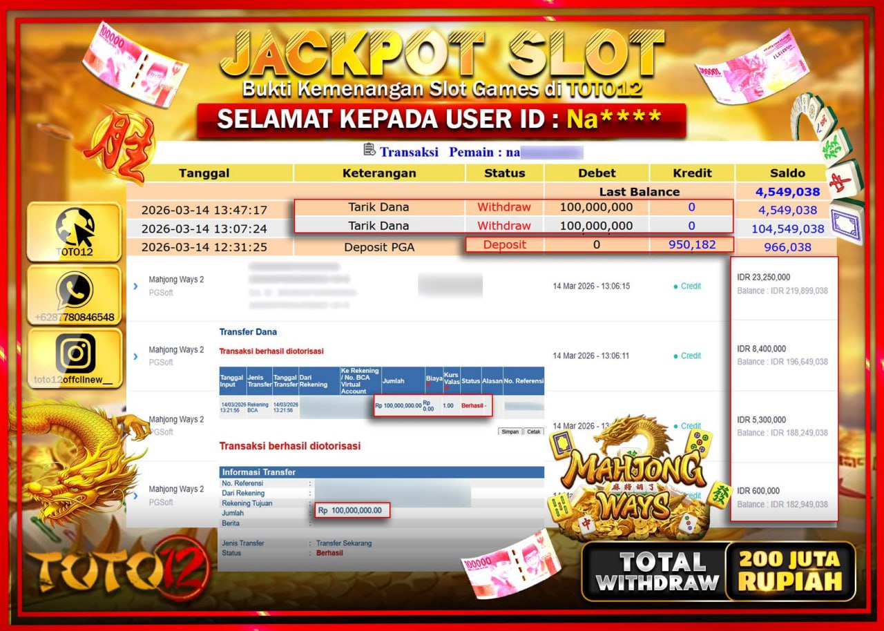 HANYA DI TOTO12 JP PASTI DI BAYAR LUNAS DAN CEPAT!!!!!! JACKPOT SLOT GAME (MAHJONG WAYS) Rp.200.000.000!!!!