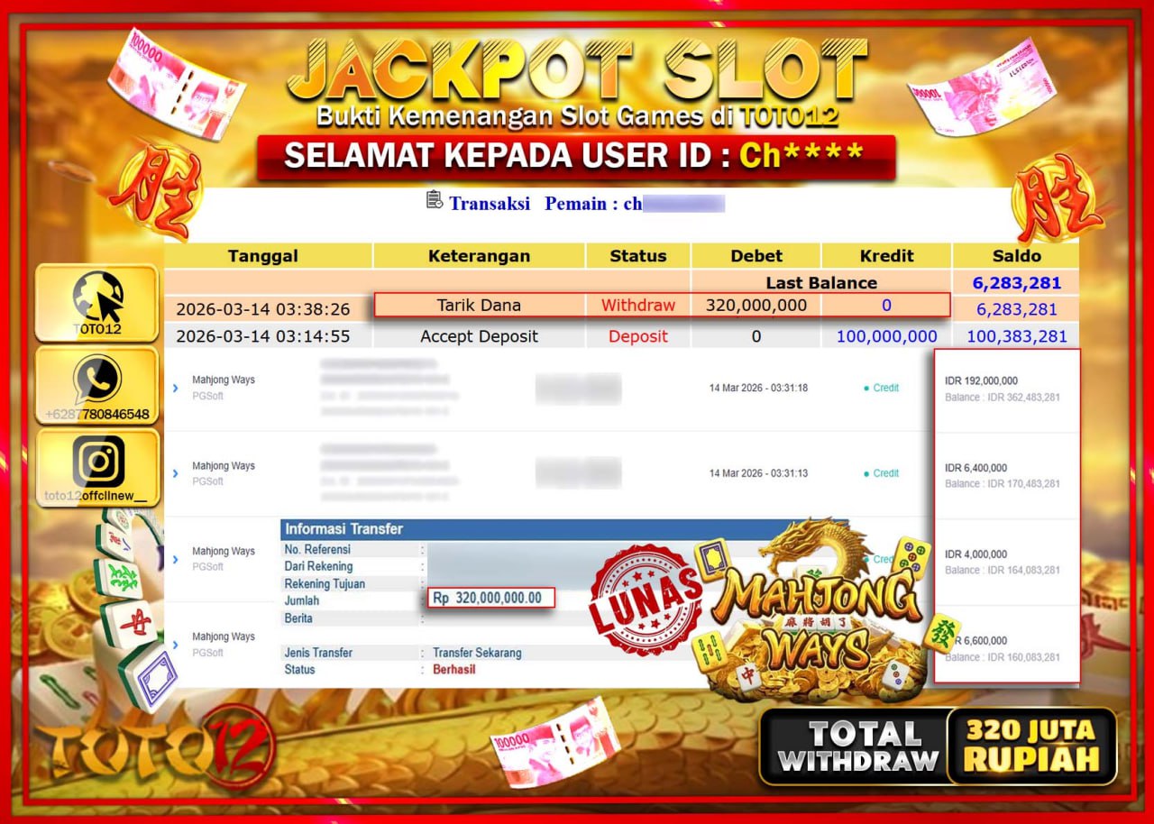 HANYA DI TOTO12 JP PASTI DI BAYAR LUNAS DAN CEPAT!!!!!! JACKPOT SLOT GAME (MAHJONG WAYS) Rp.320.000.000!!!!