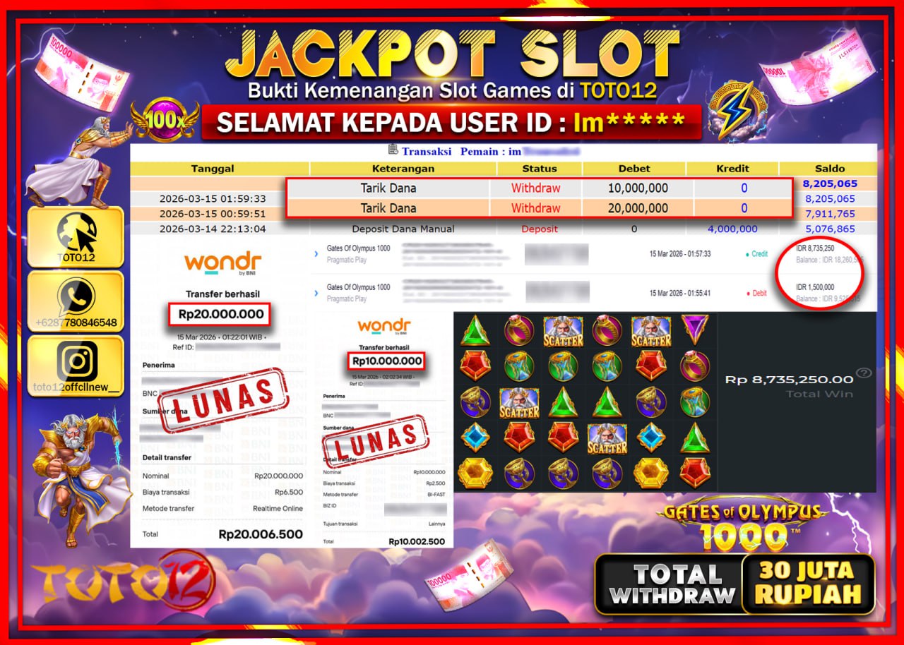 HANYA DI TOTO12 JP PASTI DI BAYAR LUNAS DAN CEPAT!!!!!! JACKPOT SLOT GAME (GATES OF OLYMPUS 1000) Rp.30.000.000!!!!
