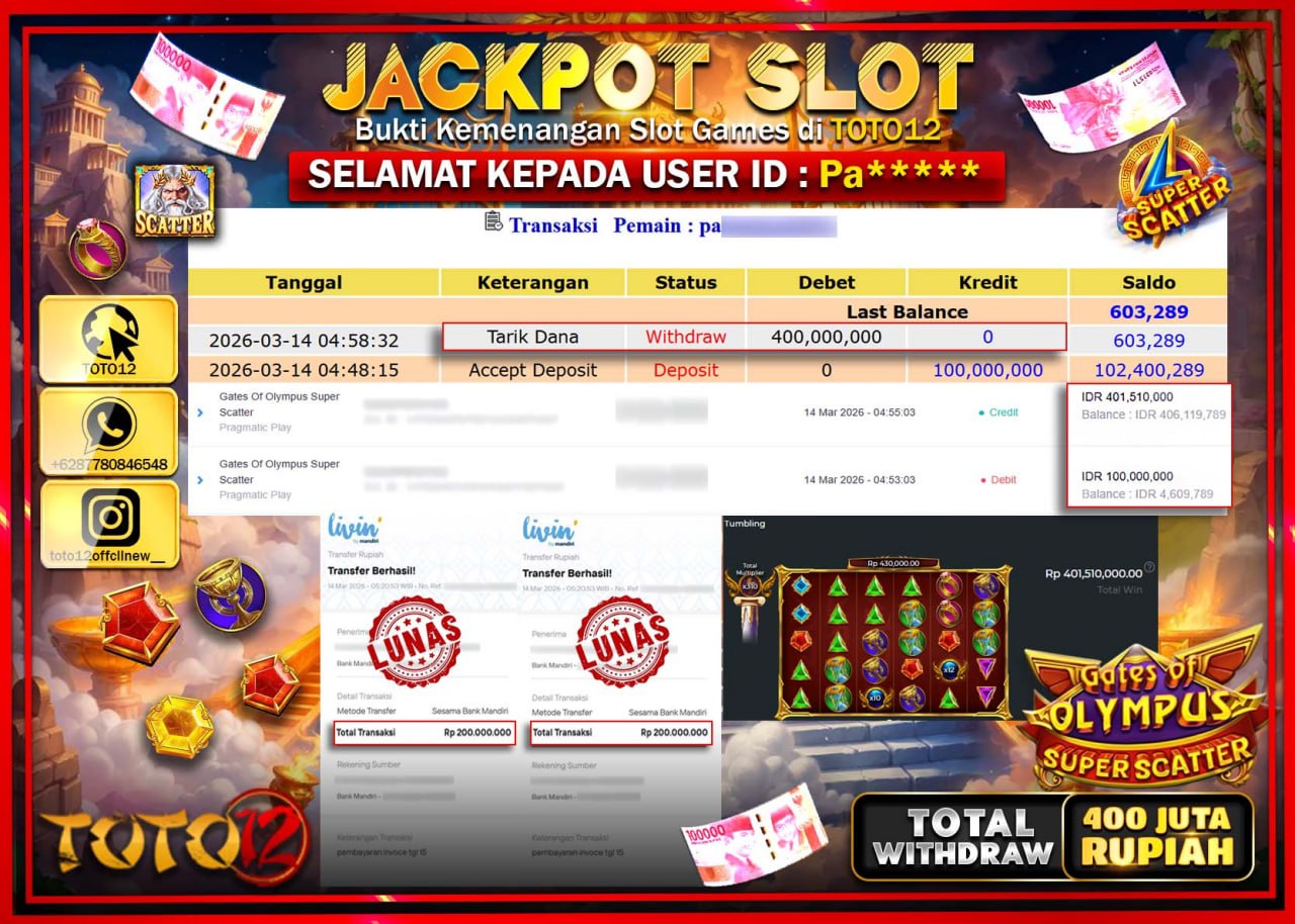 HANYA DI TOTO12 JP PASTI DI BAYAR LUNAS DAN CEPAT!!!!!! JACKPOT SLOT GAME (GATES OF OLYMPUS SUPER SCATTER) Rp.400.000.000!!!!