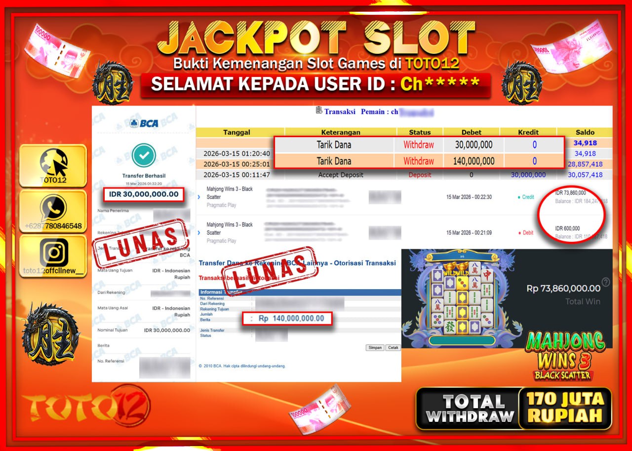 HANYA DI TOTO12 JP PASTI DI BAYAR LUNAS DAN CEPAT!!!!!! JACKPOT SLOT GAME (MAHJONG WINS 3 BLACK SCATTER) Rp.170.000.000!!!!