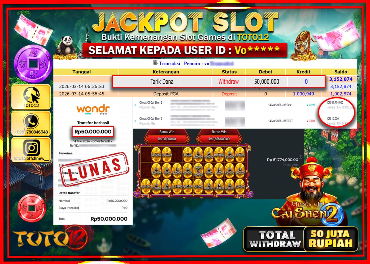 HANYA DI TOTO12 JP PASTI DI BAYAR LUNAS DAN CEPAT!!!!!! JACKPOT SLOT GAME (CHESTS OF CAI SHEN 2) Rp.50.000.000!!!!