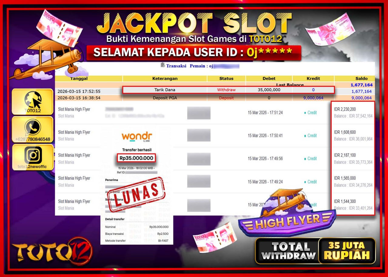 HANYA DI TOTO12 JP PASTI DI BAYAR LUNAS DAN CEPAT!!!!!! JACKPOT SLOT GAME (HIGH FLYER) Rp.35.000.000!!!!