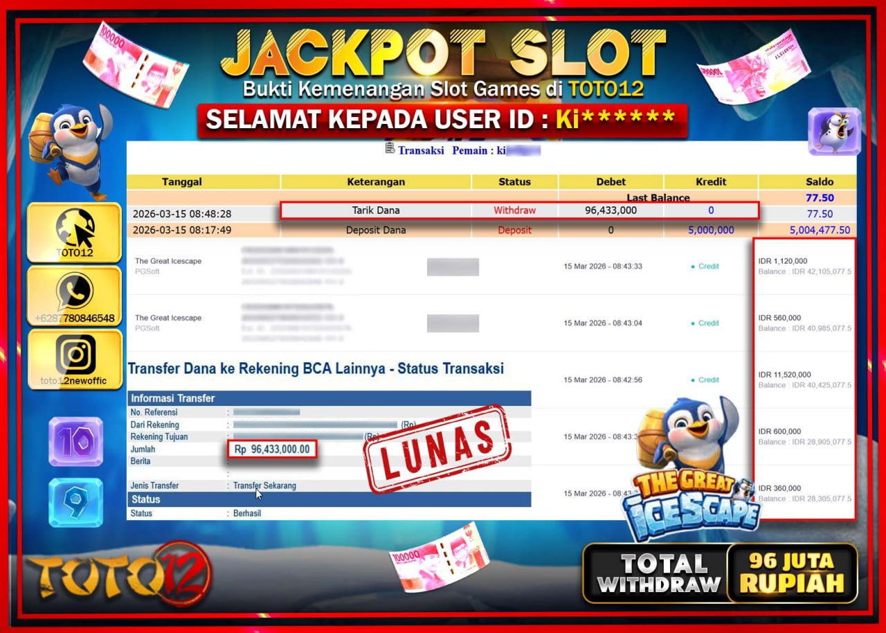 HANYA DI TOTO12 JP PASTI DI BAYAR LUNAS DAN CEPAT!!!!!! JACKPOT SLOT GAME (THE GREAT ICESCAPE) Rp.96.433.000!!!!