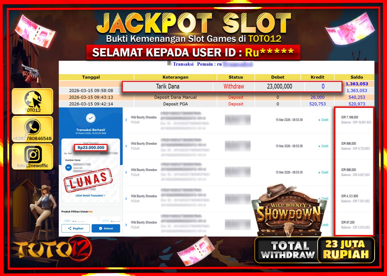 HANYA DI TOTO12 JP PASTI DI BAYAR LUNAS DAN CEPAT!!!!!! JACKPOT SLOT GAME (WILD BOUNTY SHOWDOWN) Rp.23.000.000!!!!