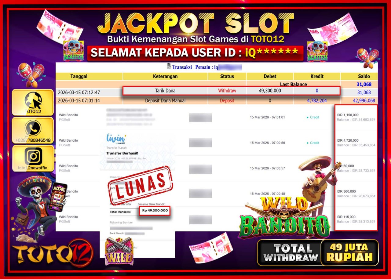 HANYA DI TOTO12 JP PASTI DI BAYAR LUNAS DAN CEPAT!!!!!! JACKPOT SLOT GAME (WILD BANDITO) Rp.49.300.000!!!!