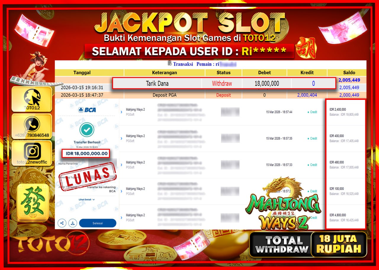 HANYA DI TOTO12 JP PASTI DI BAYAR LUNAS DAN CEPAT!!!!!! JACKPOT SLOT GAME (MAHJONG WAYS 2) Rp.18.000.000!!!!