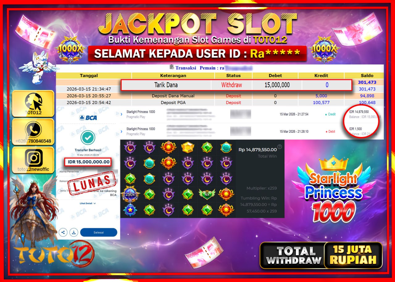 HANYA DI TOTO12 JP PASTI DI BAYAR LUNAS DAN CEPAT!!!!!! JACKPOT SLOT GAME (STARLIGHT PRINCESS 1000) Rp.15.000.000!!!!