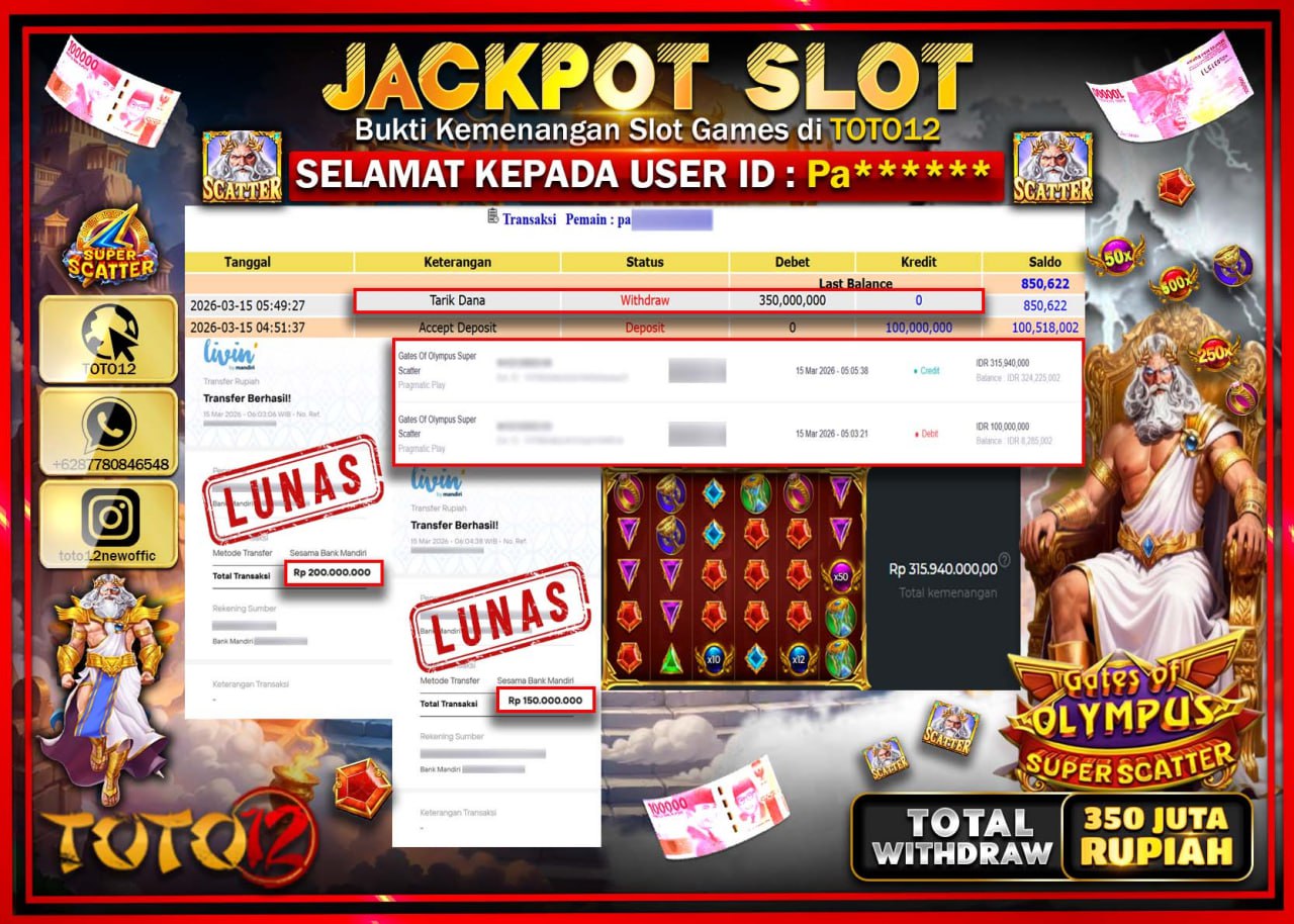 HANYA DI TOTO12 JP PASTI DI BAYAR LUNAS DAN CEPAT!!!!!! JACKPOT SLOT GAME (GATES OF OLYMPUS SUPER SCATTER) Rp.350.000.000!!!!
