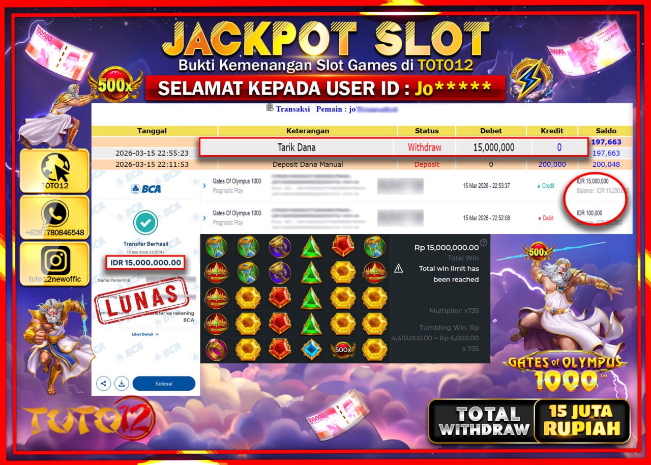 HANYA DI TOTO12 JP PASTI DI BAYAR LUNAS DAN CEPAT!!!!!! JACKPOT SLOT GAME (GATES OF OLYMPUS 1000) Rp.15.000.000!!!!