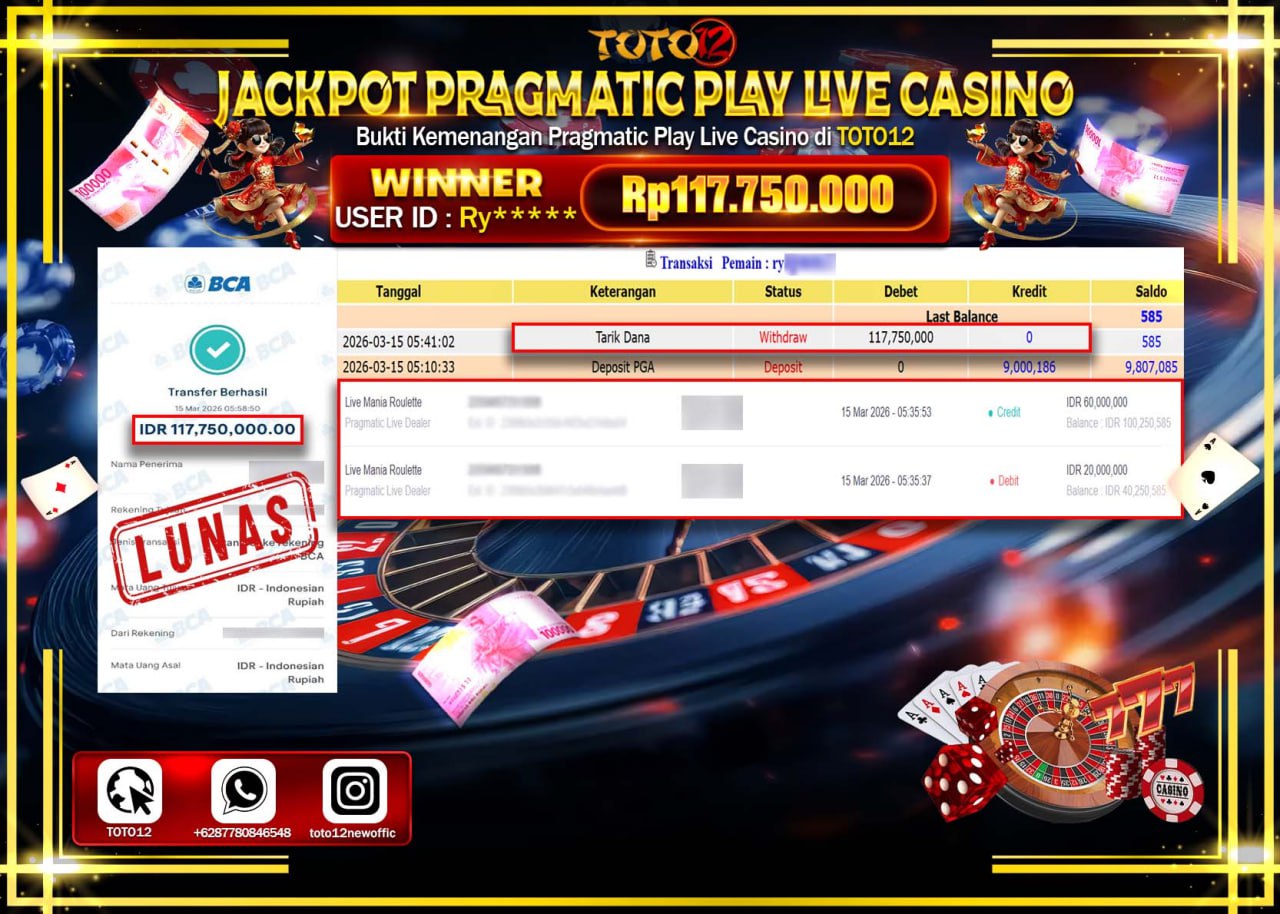 HANYA DI TOTO12 JP PASTI DI BAYAR LUNAS DAN CEPAT!!!!!! JACKPOT PRAGMATIC PLAY LIVE GAME CASINO (LIVE MANIA ROULLETE) Rp.117.750.000!!!!