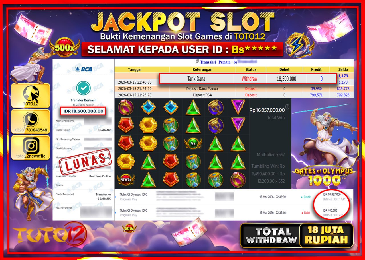 HANYA DI TOTO12 JP PASTI DI BAYAR LUNAS DAN CEPAT!!!!!! JACKPOT SLOT GAME (GATES OF OLYMPUS 1000) Rp.18.500.000!!!!