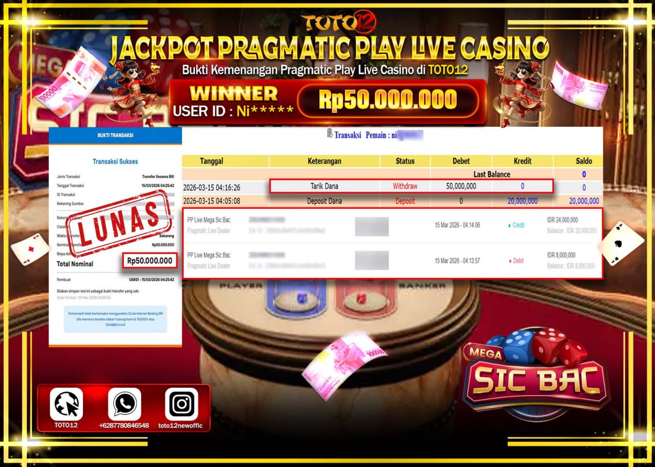 HANYA DI TOTO12 JP PASTI DI BAYAR LUNAS DAN CEPAT!!!!!! JACKPOT PRAGMATIC PLAY LIVE GAME CASINO (PP LIVE MEGA SIC BAC) Rp.50.000.000!!!!