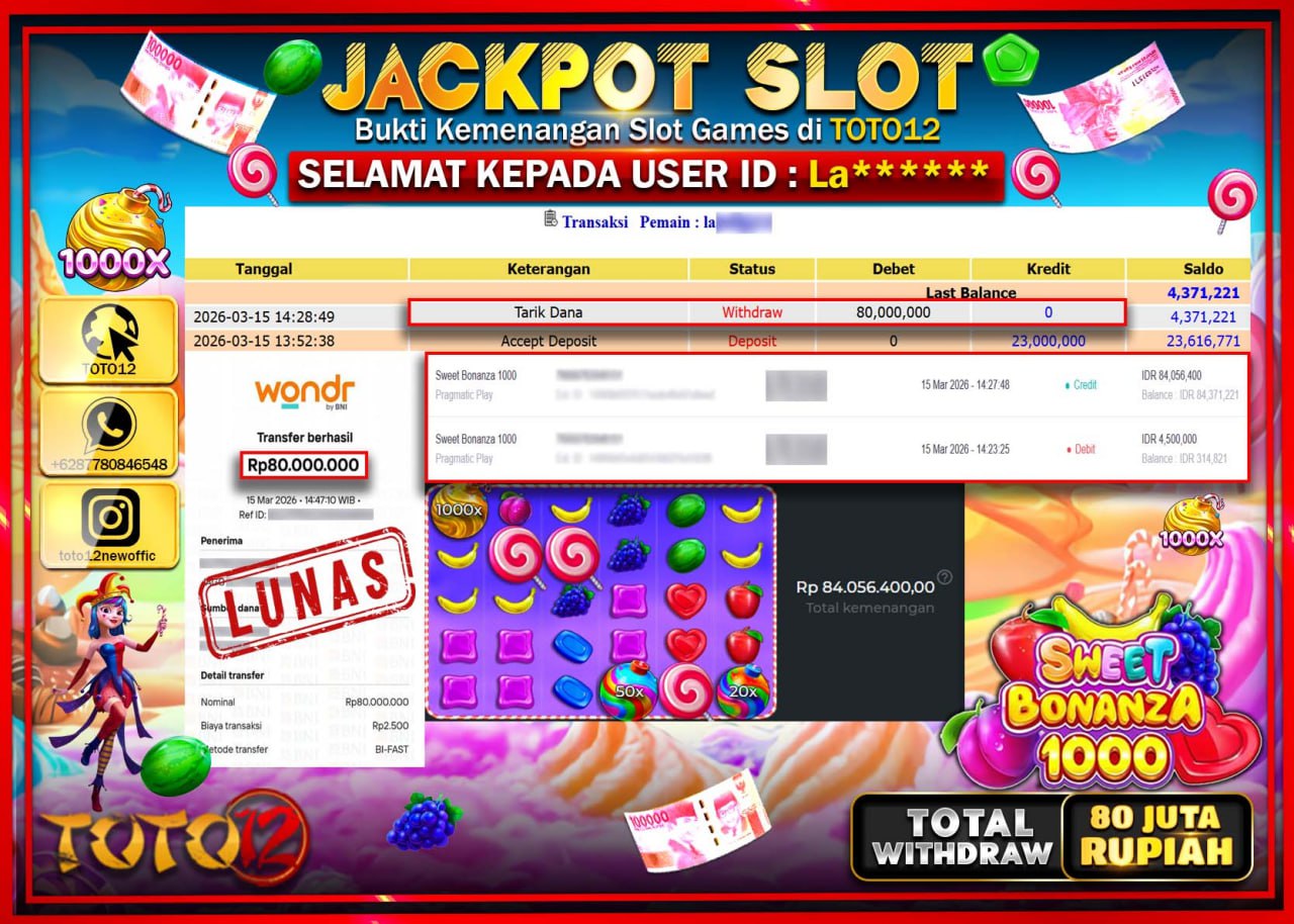HANYA DI TOTO12 JP PASTI DI BAYAR LUNAS DAN CEPAT!!!!!! JACKPOT SLOT GAME (SWEET BONANZA 1000) Rp.80.000.000!!!!