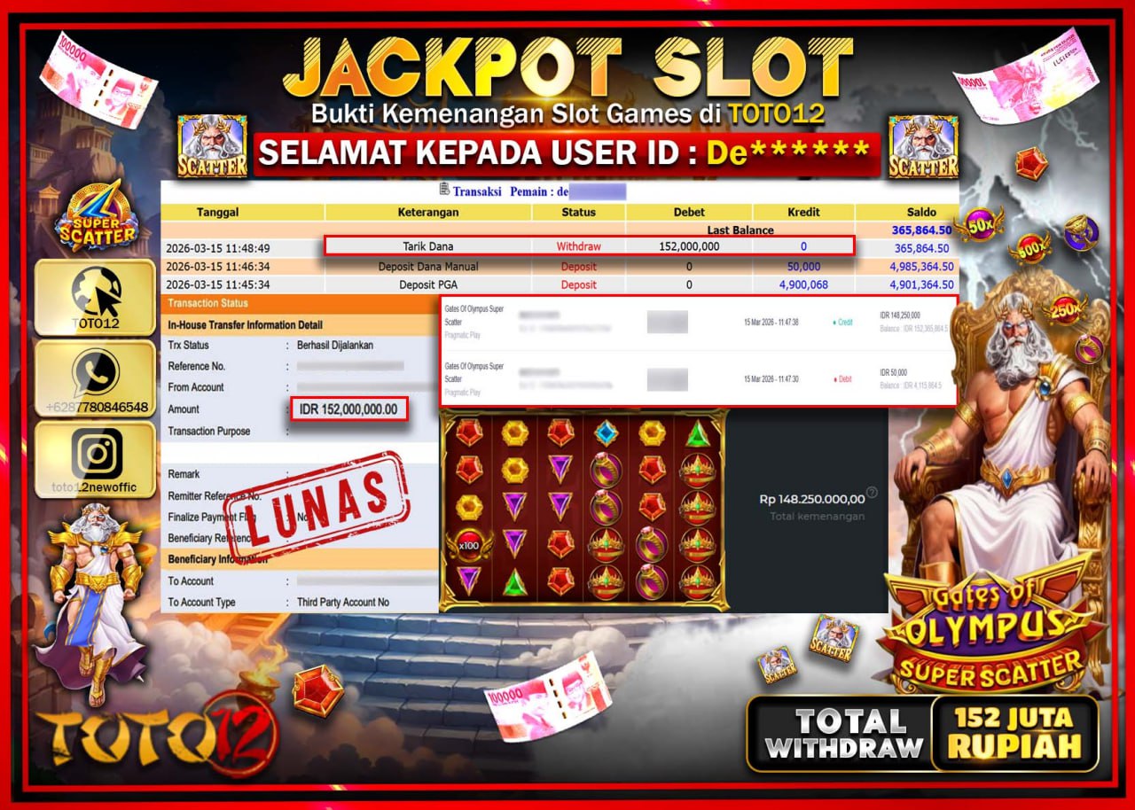 HANYA DI TOTO12 JP PASTI DI BAYAR LUNAS DAN CEPAT!!!!!! JACKPOT SLOT GAME (GATES OF OLYMPUS SUPER SCATTER) Rp.152.000.000!!!!