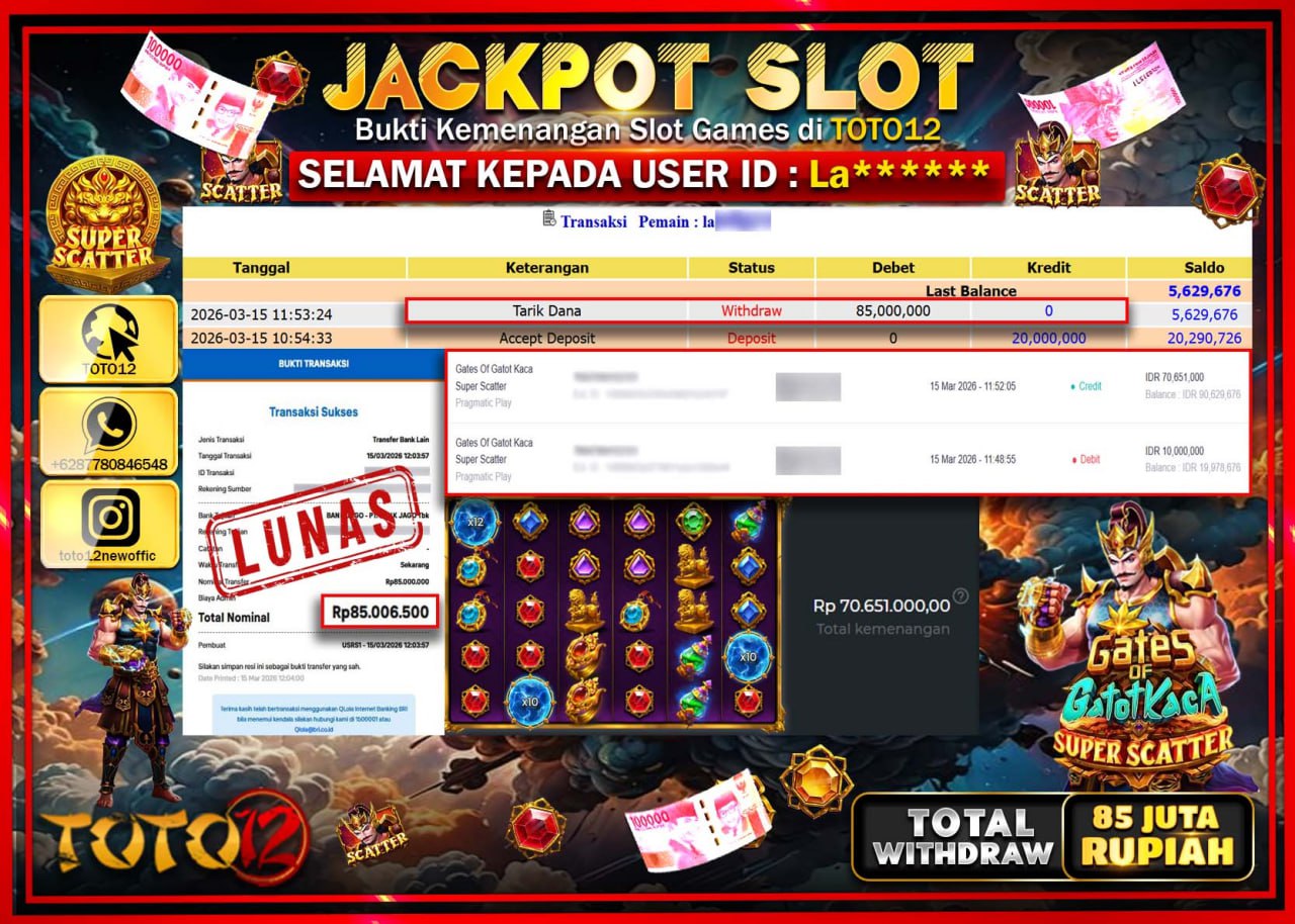 HANYA DI TOTO12 JP PASTI DI BAYAR LUNAS DAN CEPAT!!!!!! JACKPOT SLOT GAME (GATES OF GATOTKACA SUPER SCATTER) Rp.85.000.000!!!!
