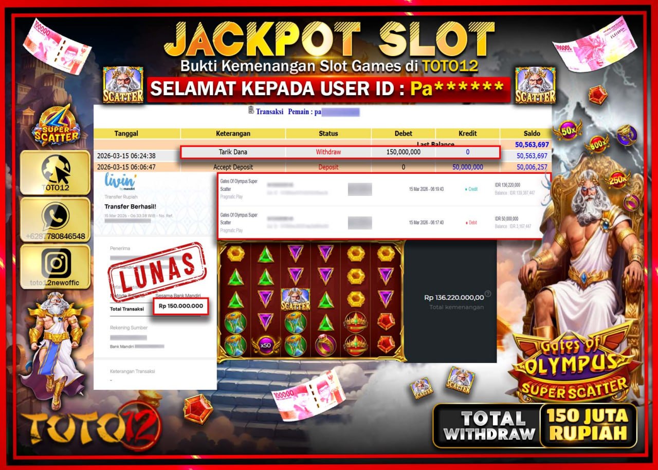 HANYA DI TOTO12 JP PASTI DI BAYAR LUNAS DAN CEPAT!!!!!! JACKPOT SLOT GAME (GATES OF OYMPUS SUPER SCATTER) Rp.150.000.000!!!!