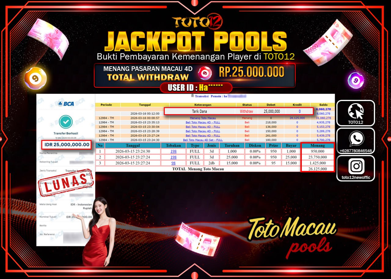 HANYA DI TOTO12 JP PASTI DI BAYAR LUNAS DAN CEPAT!!!!!! JACKPOT POOLS PASARAN (MACAU 4D) Rp.25.000.000!!!!