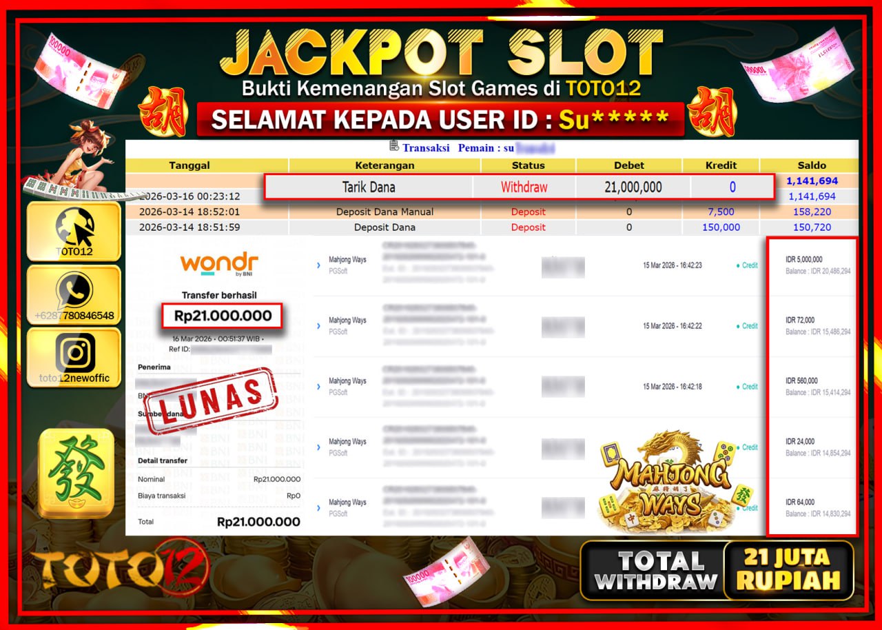 HANYA DI TOTO12 JP PASTI DI BAYAR LUNAS DAN CEPAT!!!!!! JACKPOT SLOT GAME (MAHJONG WAYS) Rp.21.000.000!!!!
