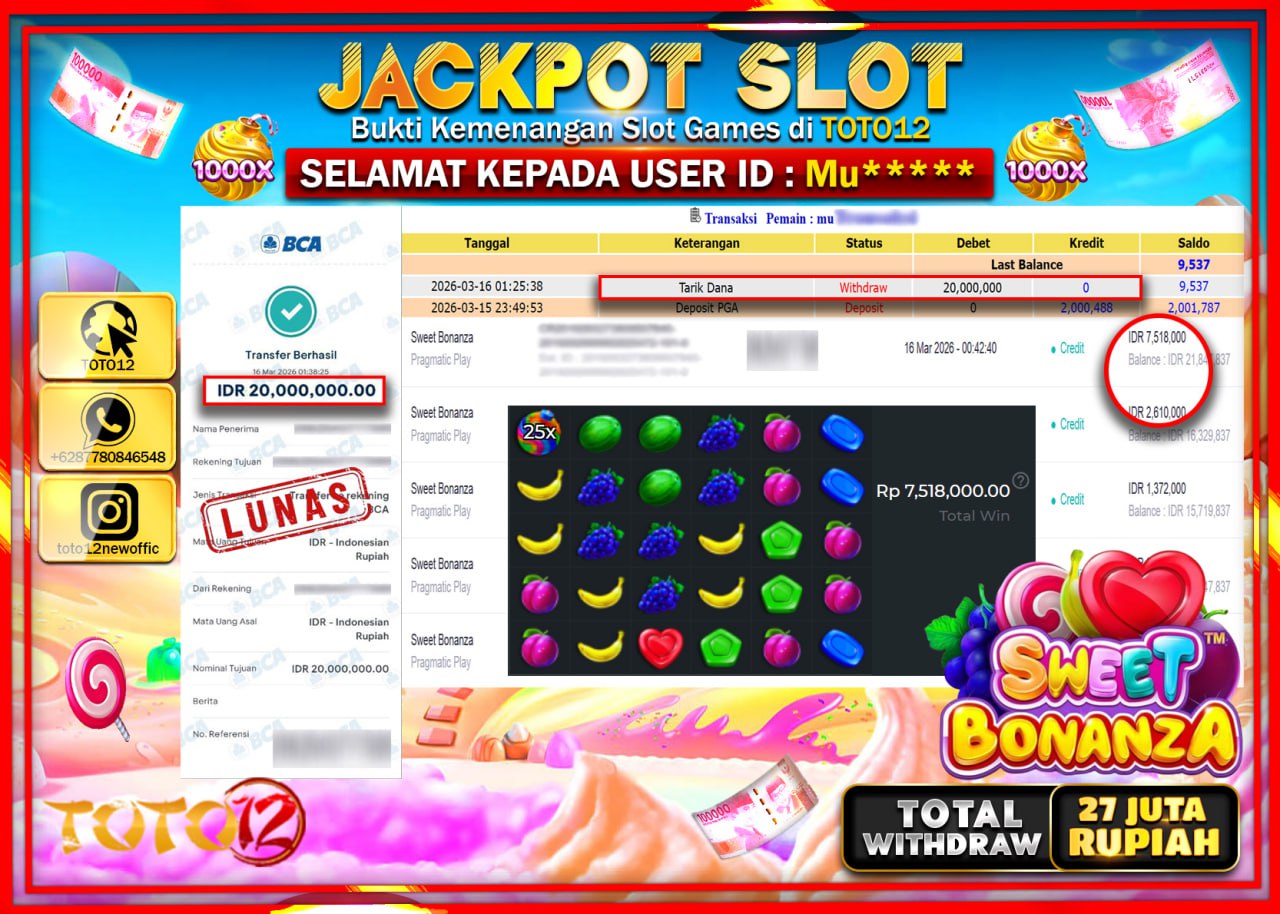 HANYA DI TOTO12 JP PASTI DI BAYAR LUNAS DAN CEPAT!!!!!! JACKPOT SLOT GAME (SWEET BONANZA) Rp.20.000.000!!!!