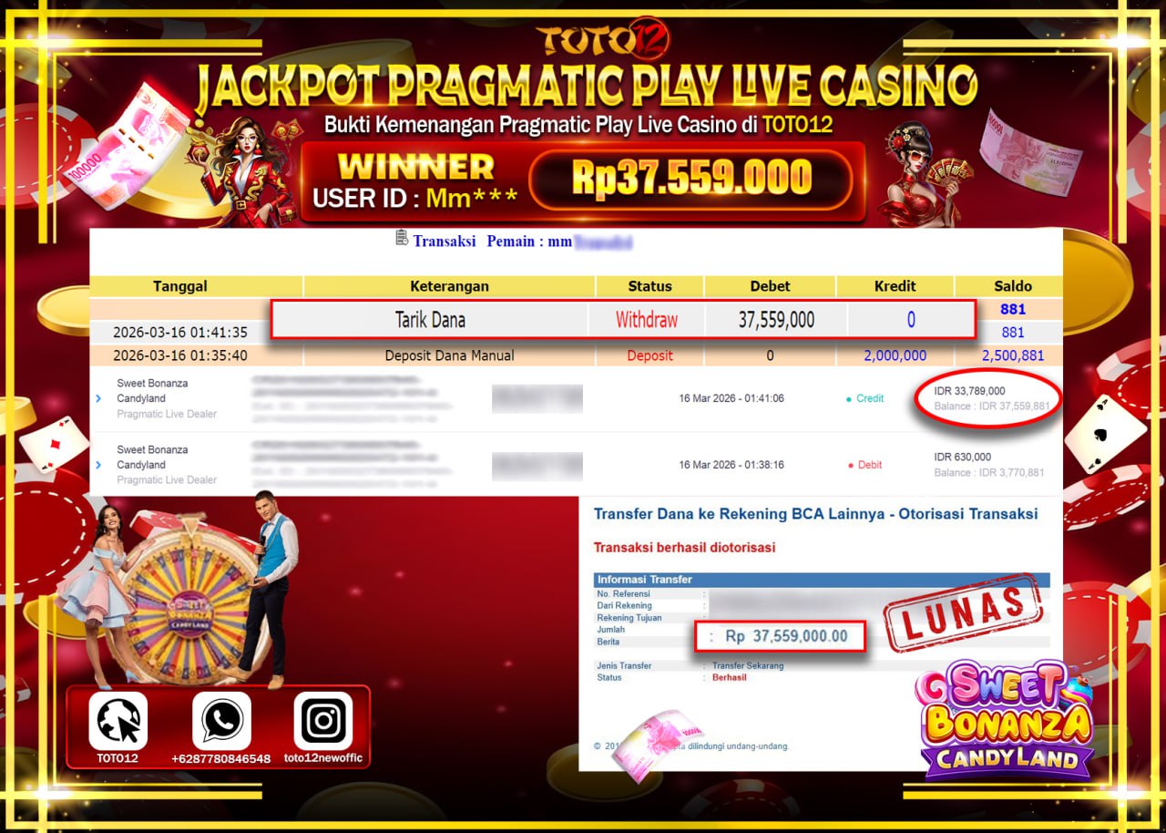 HANYA DI TOTO12 JP PASTI DI BAYAR LUNAS DAN CEPAT!!!!!! JACKPOT PRAGMATIC PLAY LIVE GAME CASINO (SWEET BONANZA CANDYLAND) Rp.37.559.000!!!!