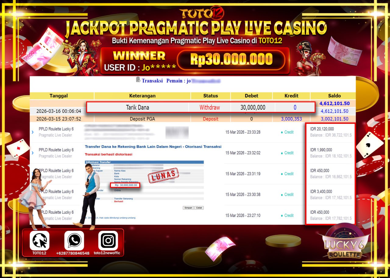HANYA DI TOTO12 JP PASTI DI BAYAR LUNAS DAN CEPAT!!!!!! JACKPOT PRAGMATIC PLAY LIVE GAME CASINO (PPLD ROULETTE LUCKY 6) Rp.30.000.000!!!!
