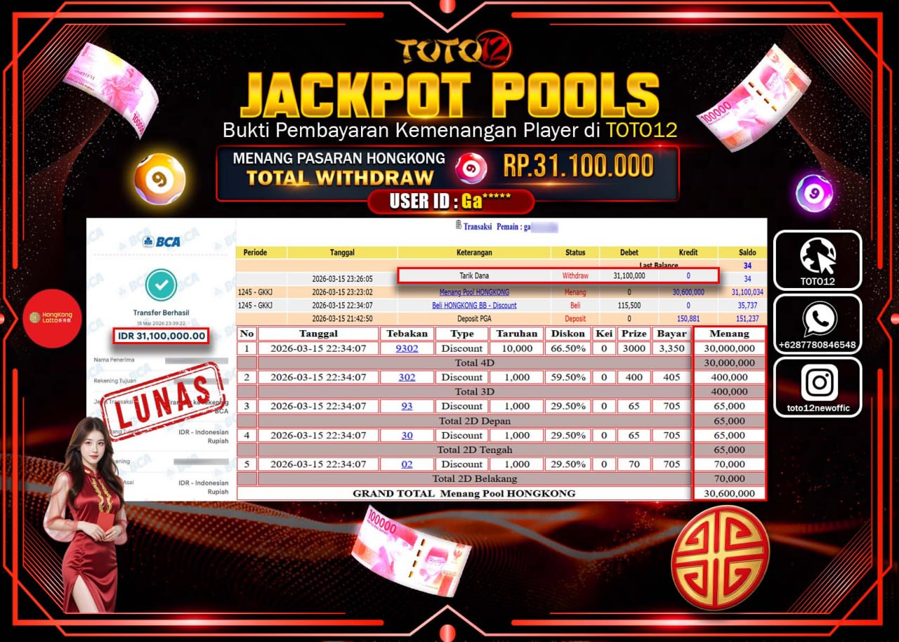 HANYA DI TOTO12 JP PASTI DI BAYAR LUNAS DAN CEPAT!!!!!! JACKPOT POOLS PASARAN (HONGKONG) Rp.31.100.000!!!!