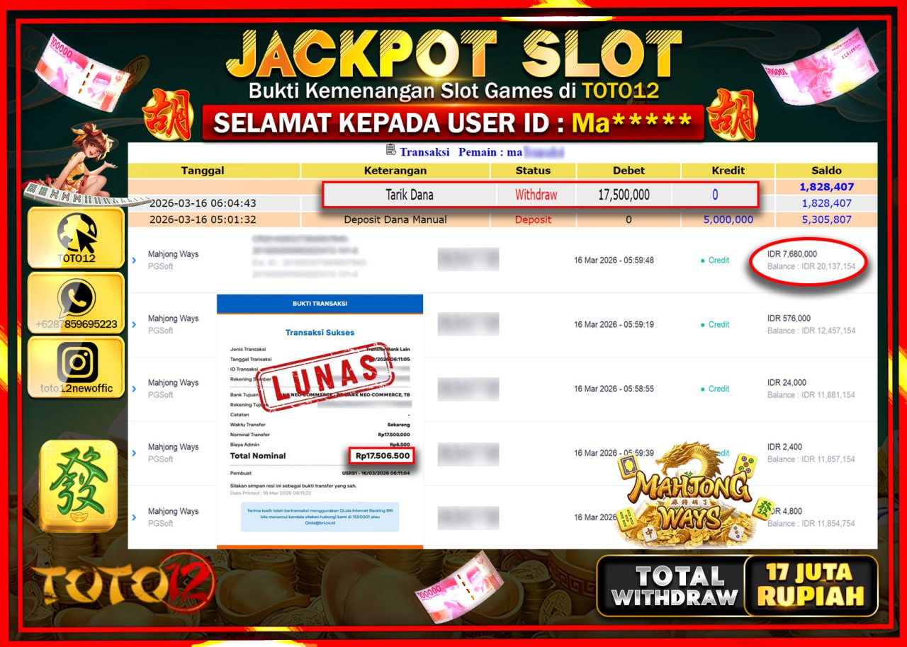 HANYA DI TOTO12 JP PASTI DI BAYAR LUNAS DAN CEPAT!!!!!! JACKPOT SLOT GAME (MAHJONG WAYS) Rp.17.500.000!!!!