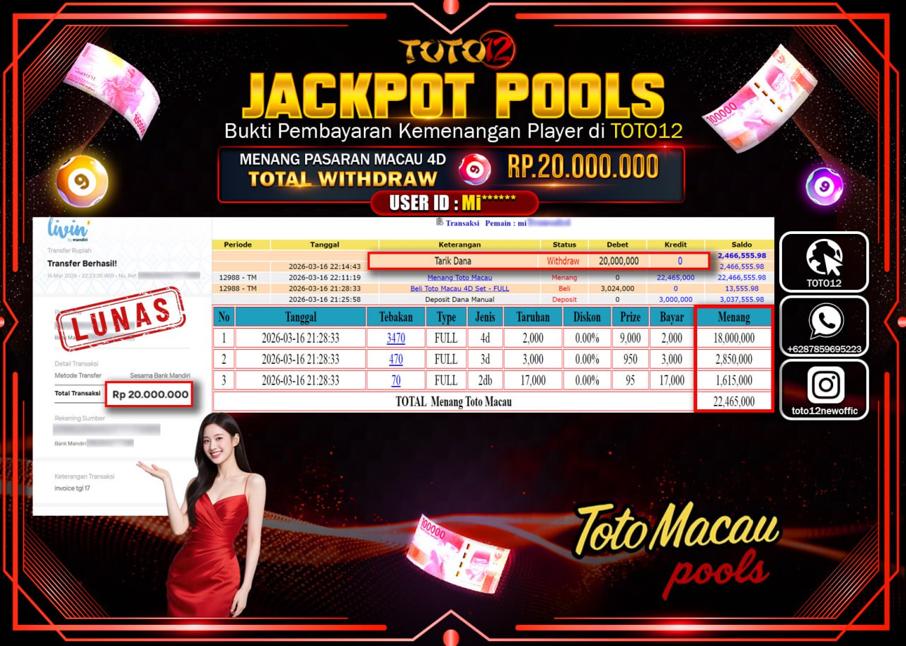HANYA DI TOTO12 JP PASTI DI BAYAR LUNAS DAN CEPAT!!!!!! JACKPOT POOLS PASARAN (MACAU 4D) Rp.20.000.000!!!!