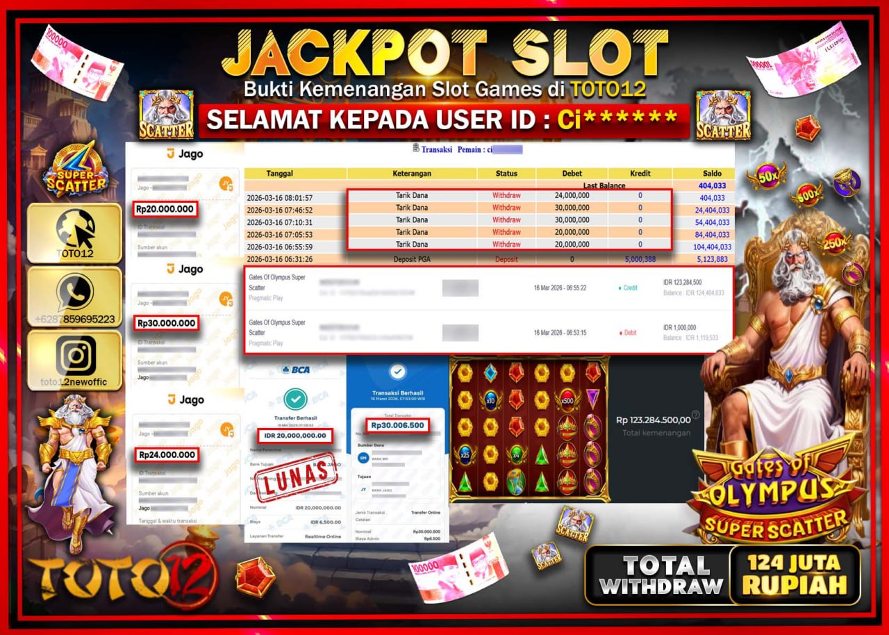 HANYA DI TOTO12 JP PASTI DI BAYAR LUNAS DAN CEPAT!!!!!! JACKPOT SLOT GAME (GATES OF OLYMPUS SUPER SCATTER) Rp.124.000.000!!!!