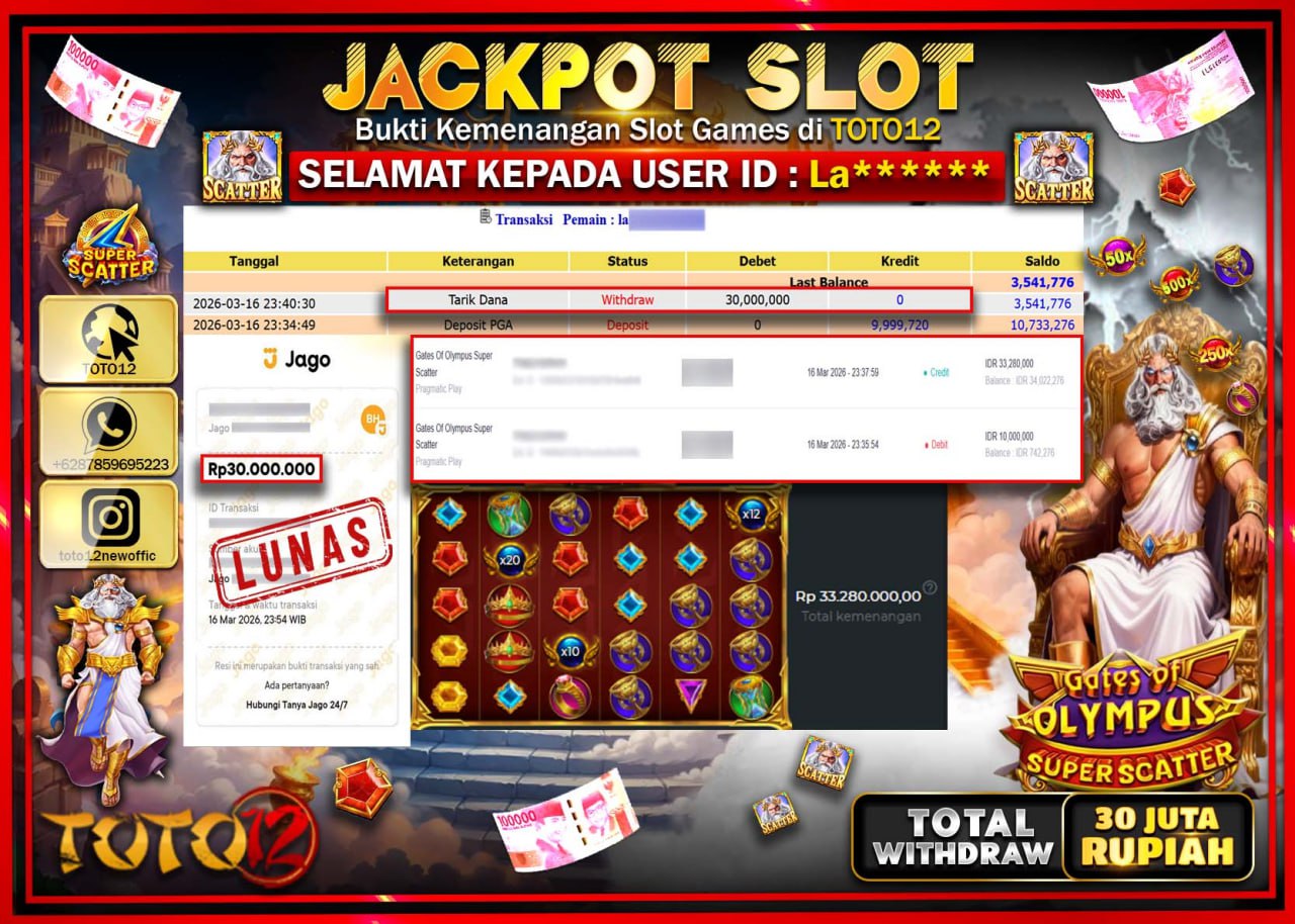 HANYA DI TOTO12 JP PASTI DI BAYAR LUNAS DAN CEPAT!!!!!! JACKPOT SLOT GAME (GATES OF OLYMPUS SUPER SCATTER) Rp.30.000.000!!!!