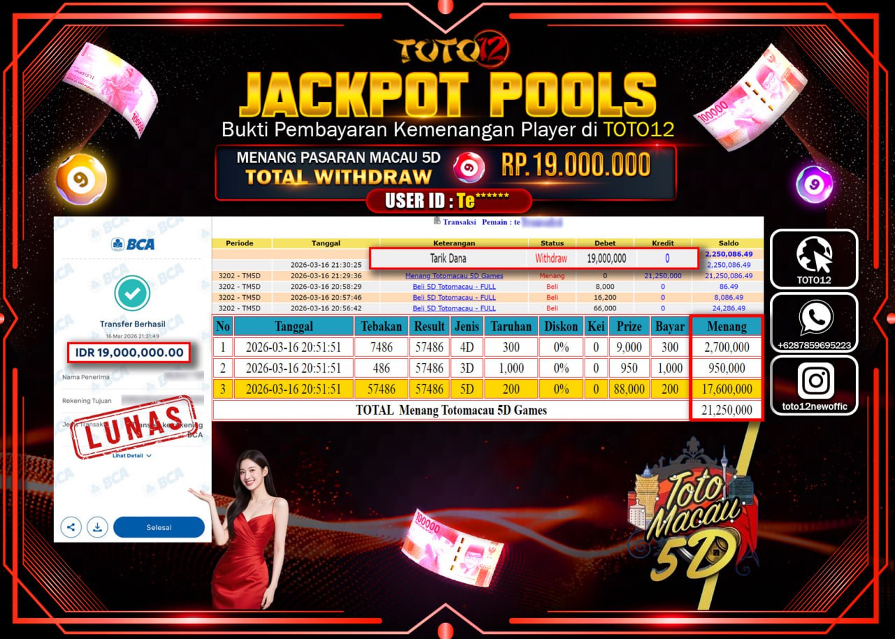 HANYA DI TOTO12 JP PASTI DI BAYAR LUNAS DAN CEPAT!!!!!! JACKPOT POOLS PASARAN (MACAU 5D) Rp.19.000.000!!!!