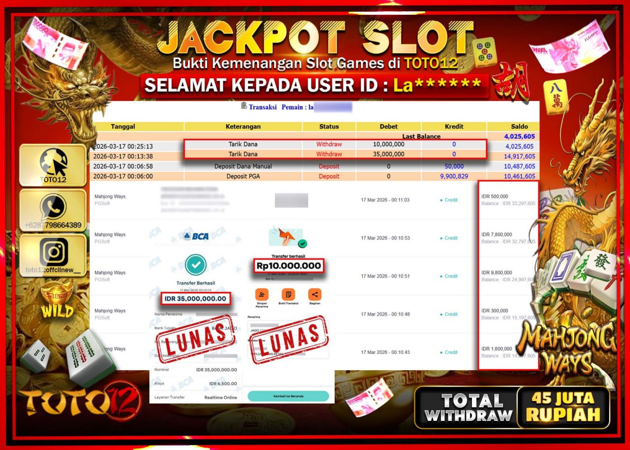 HANYA DI TOTO12 JP PASTI DI BAYAR LUNAS DAN CEPAT!!!!!! JACKPOT SLOT GAME (MAHJONG WAYS) Rp.45.000.000!!!!