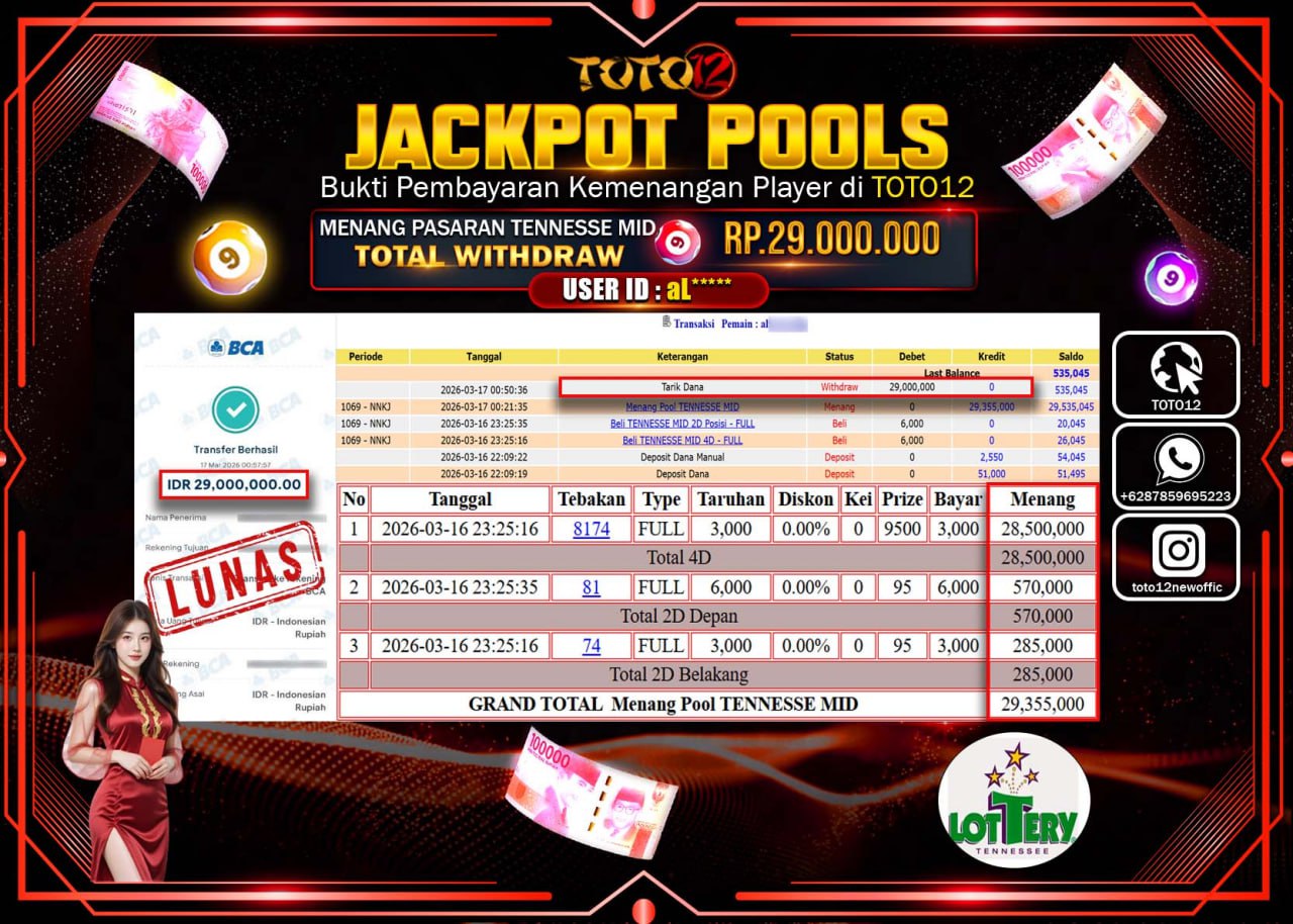 HANYA DI TOTO12 JP PASTI DI BAYAR LUNAS DAN CEPAT!!!!!! JACKPOT POOLS PASARAN (TENNESSE MID) Rp.29.000.000!!!!