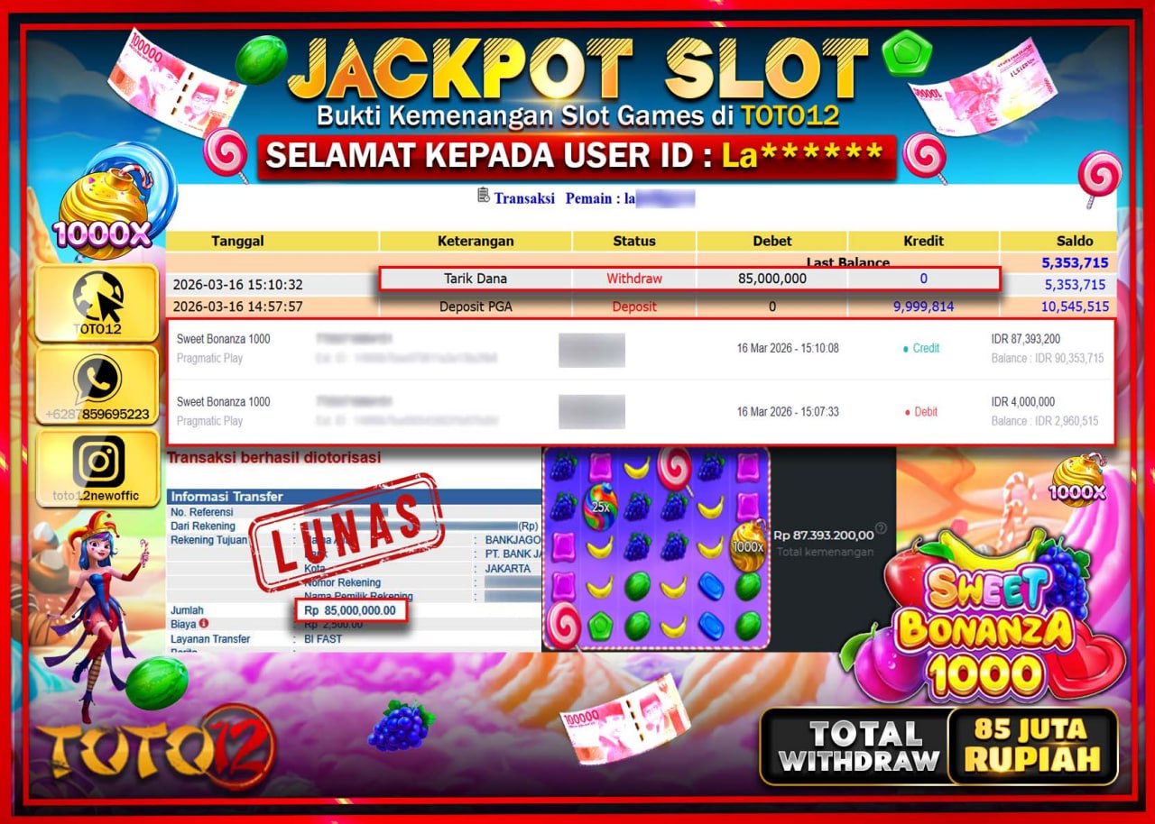 HANYA DI TOTO12 JP PASTI DI BAYAR LUNAS DAN CEPAT!!!!!! JACKPOT SLOT GAME (SWEET BONANZA 1000) Rp.85.000.000!!!!