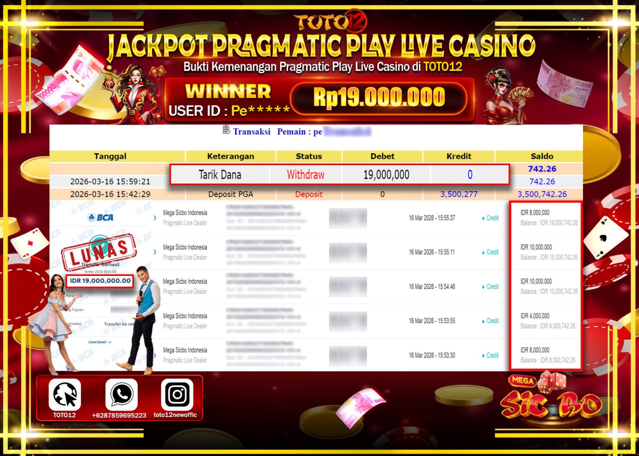 HANYA DI TOTO12 JP PASTI DI BAYAR LUNAS DAN CEPAT!!!!!! JACKPOT PRAGMATIC PLAY LIVE GAME CASINO (MEGA SICBO INDONESIA) Rp.19.000.000!!!!