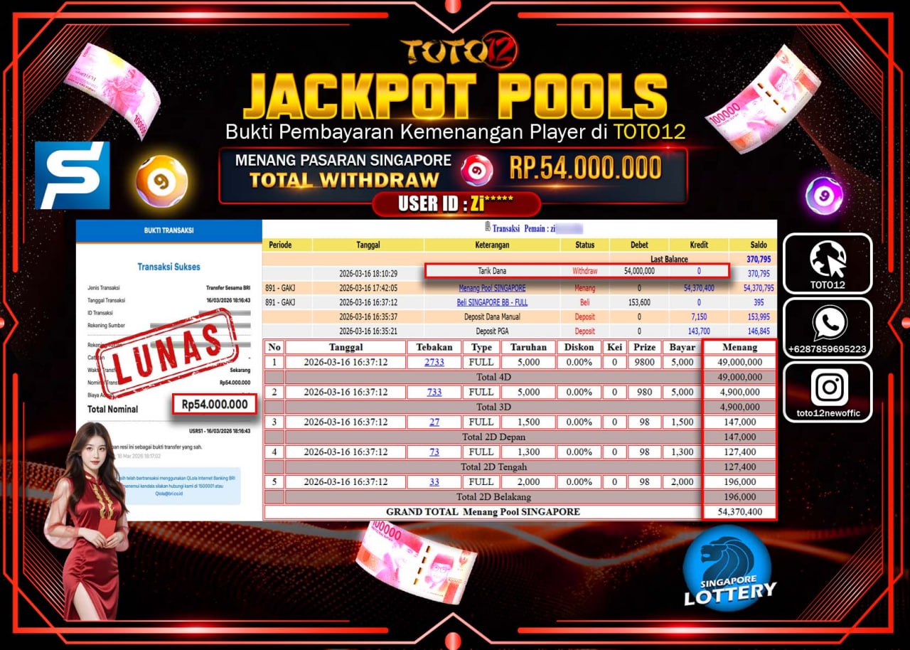HANYA DI TOTO12 JP PASTI DI BAYAR LUNAS DAN CEPAT!!!!!! JACKPOT POOLS PASARAN (SINGAPORE) Rp.54.000.000!!!!