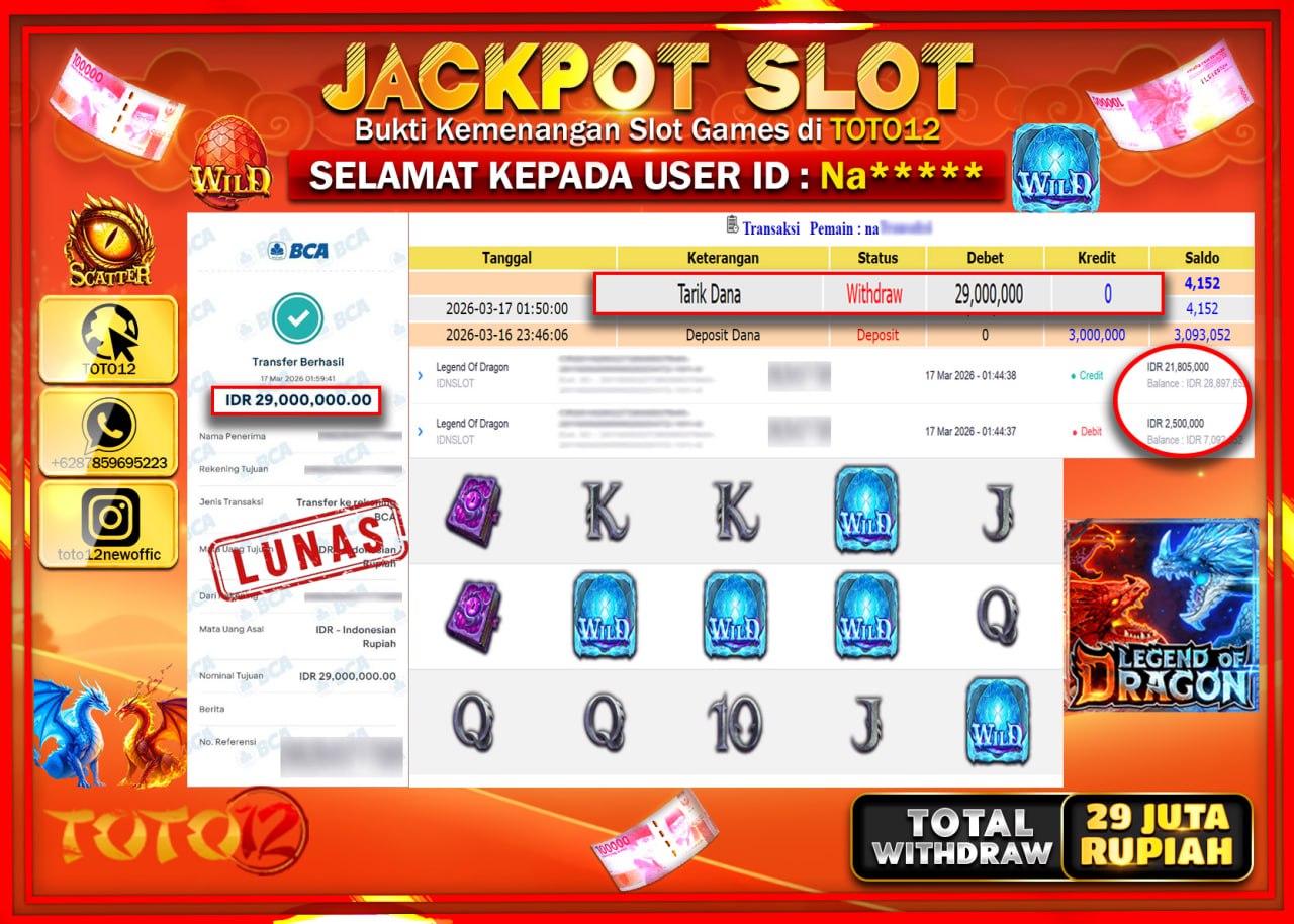 HANYA DI TOTO12 JP PASTI DI BAYAR LUNAS DAN CEPAT!!!!!! JACKPOT SLOT GAME (LEGEND OF DRAGON) Rp.29.000.000!!!!