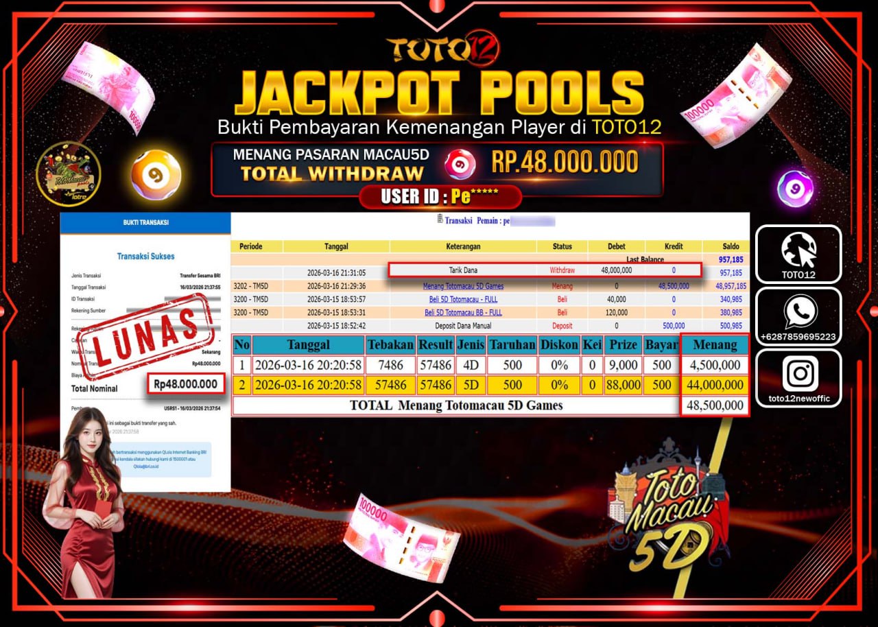 HANYA DI TOTO12 JP PASTI DI BAYAR LUNAS DAN CEPAT!!!!!! JACKPOT POOLS PASARAN (MACAU 5D) Rp.48.000.000!!!!