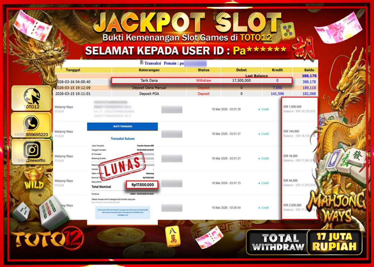 HANYA DI TOTO12 JP PASTI DI BAYAR LUNAS DAN CEPAT!!!!!! JACKPOT SLOT GAME (MAHJONG WAYS) Rp.17.500.000!!!!