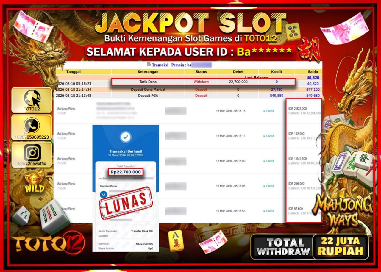 HANYA DI TOTO12 JP PASTI DI BAYAR LUNAS DAN CEPAT!!!!!! JACKPOT SLOT GAME (MAHJONG WAYS) Rp.22.700.000!!!!